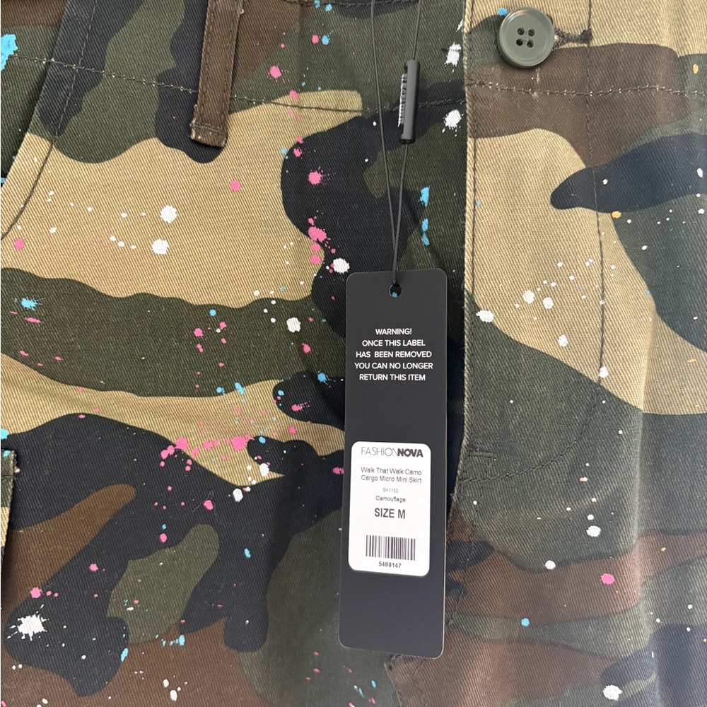 Fashion Nova Camo Mini Skirt with Pink, Blue & White Paint Splatter - Picture 3 of 6